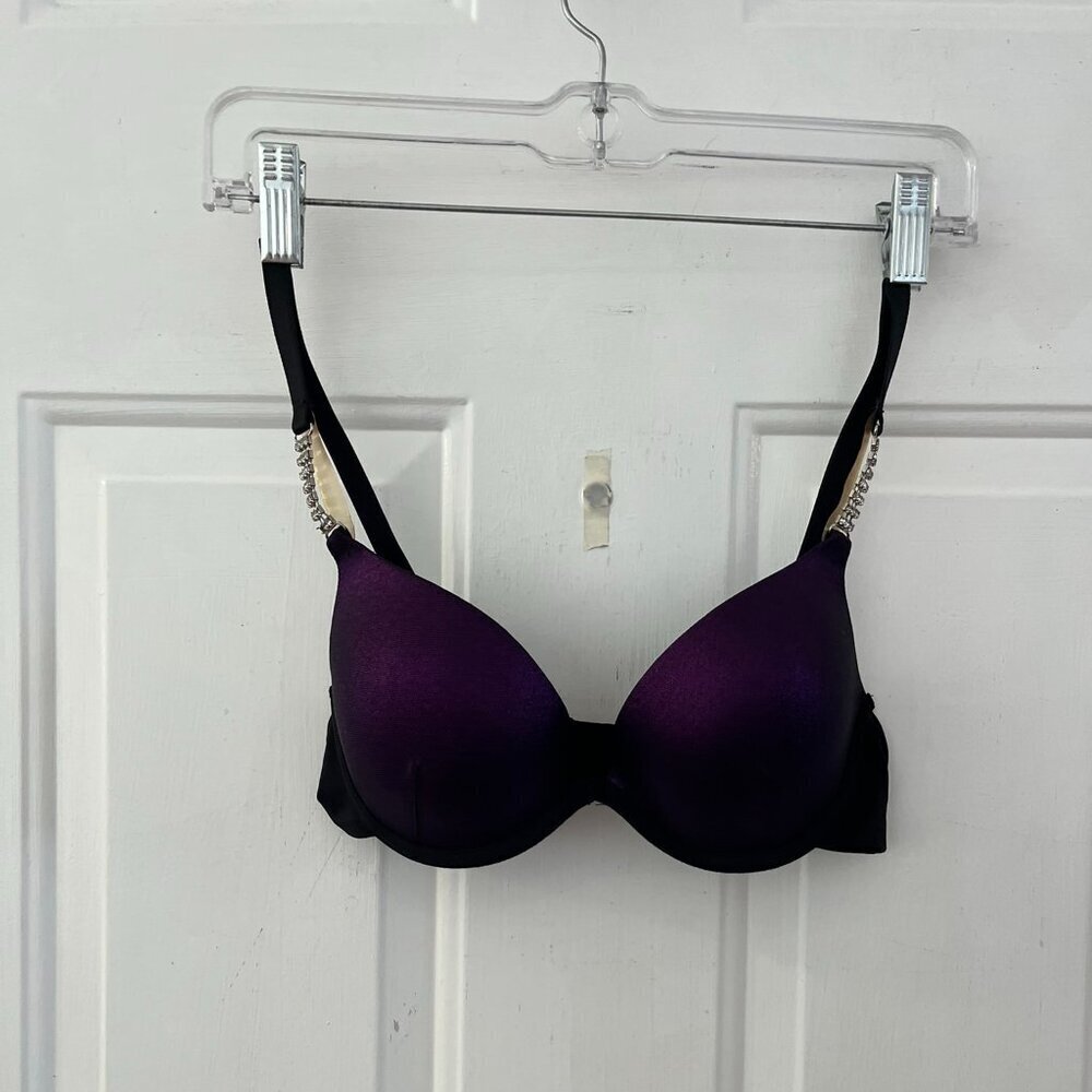 Fredrick's Of Hollywood Purple Rhinestone Lace Under-Wire Push-Up Bra Sz 34B
